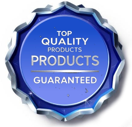Blue and silver badge with 'Top Quality Products Guaranteed' text on a white background