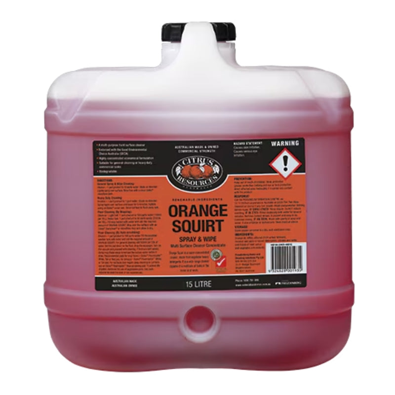 15 litre container of Orange Squirt cleaner with a label on a white background