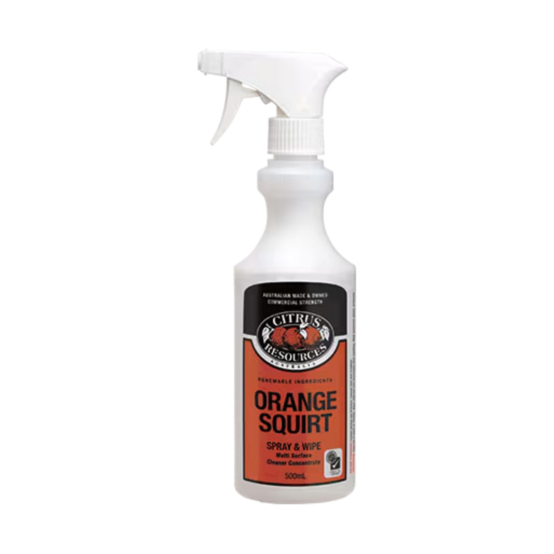 Spray bottle labeled 'Orange Squirt' on a white background