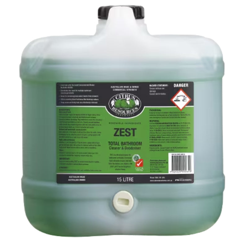 Green 15 litre container of Zest Total Bathroom Cleaner & Deodoriser with a label on a white background