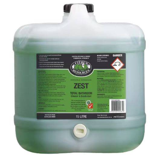 Green 15 litre container of Zest Total Bathroom Cleaner & Deodoriser with a label on a white background
