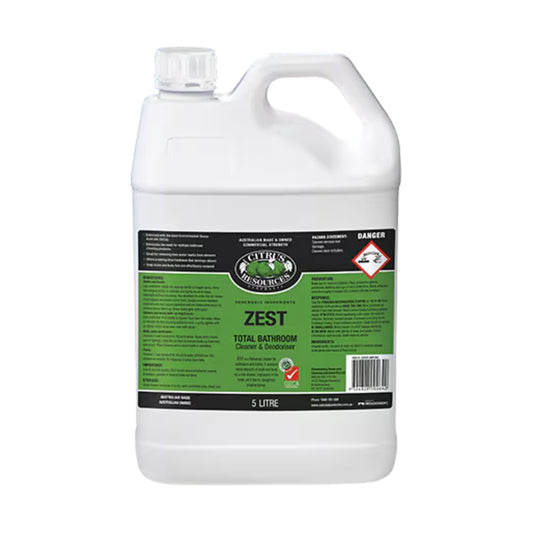 White bottle of Zest Total Bathroom Cleaner on a white background