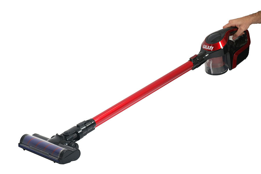 Red and black Cleanstar Galaxy 2 in 1 Stickvac vacuum cleaner with a hand holding it on a white background