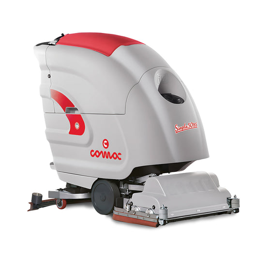 Gray and red floor cleaning machine with Comac branding on a white background