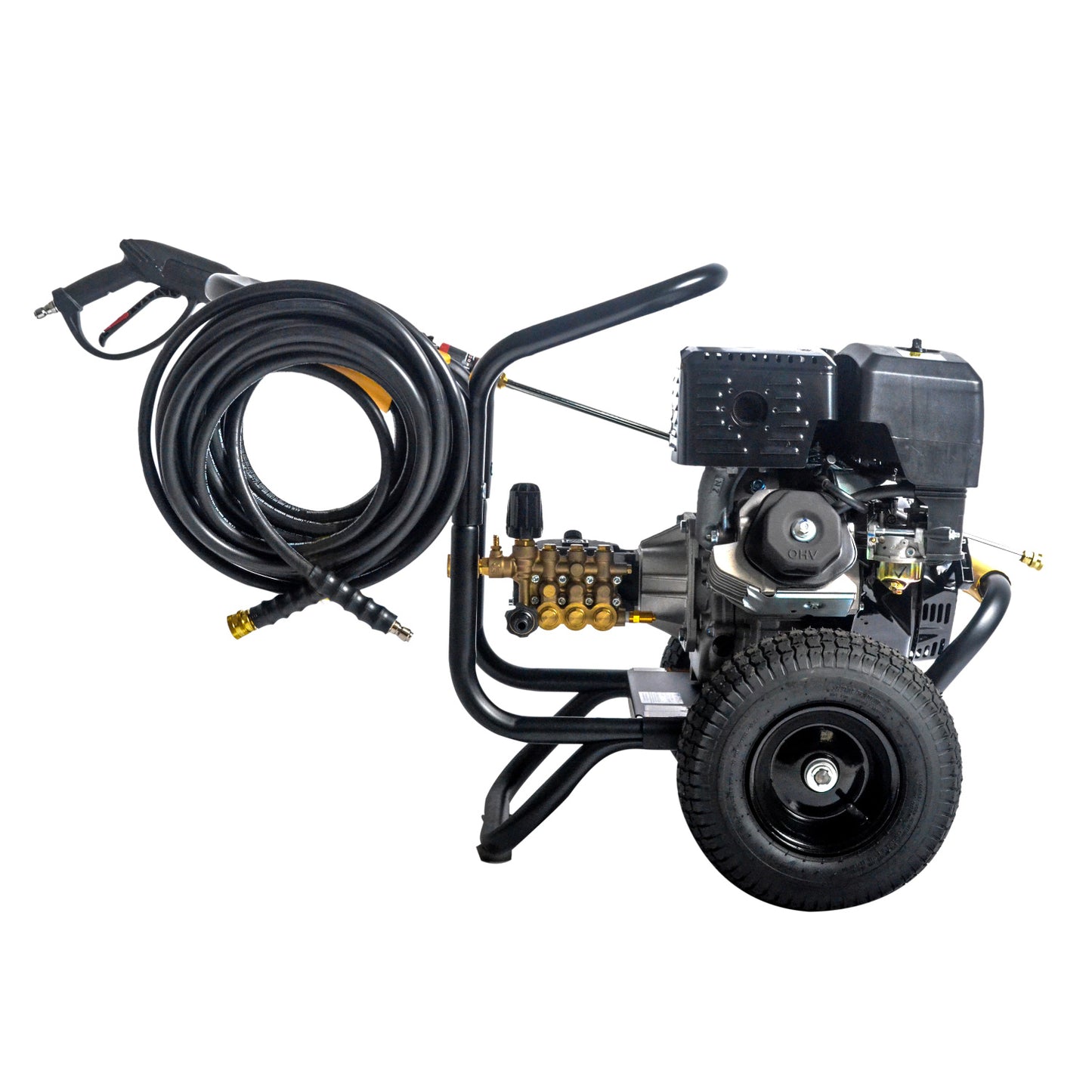 Pressure washer with hose and nozzle on a white background