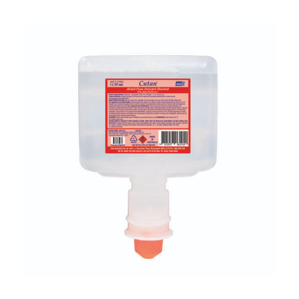 Deb Cutan foam hand soap dispenser with a red label on a white background