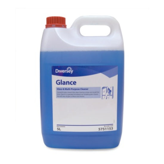 Blue bottle of Diversey Glance NA cleaner on a white background