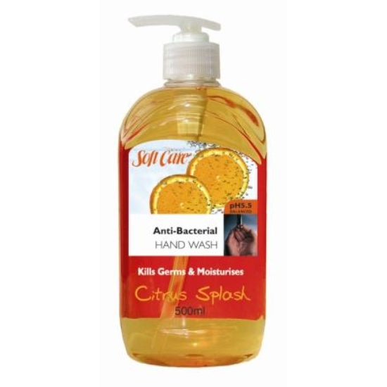 Bottle of Soft Care Anti-Bacterial Hand Wash with Citrus Splash fragrance on a white background