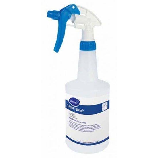 Spray bottle with blue nozzle and label on a white background