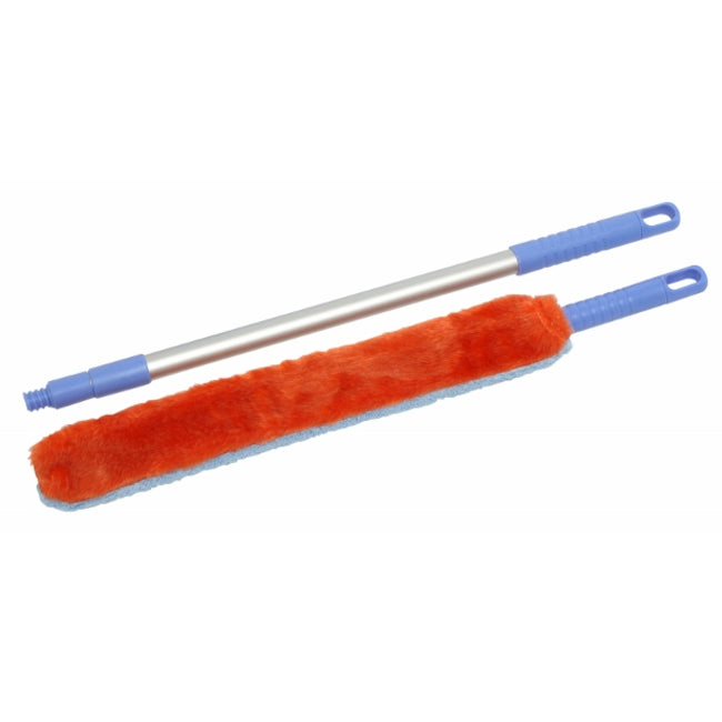 Dusting tool with orange fluffy head and blue handles on a white background