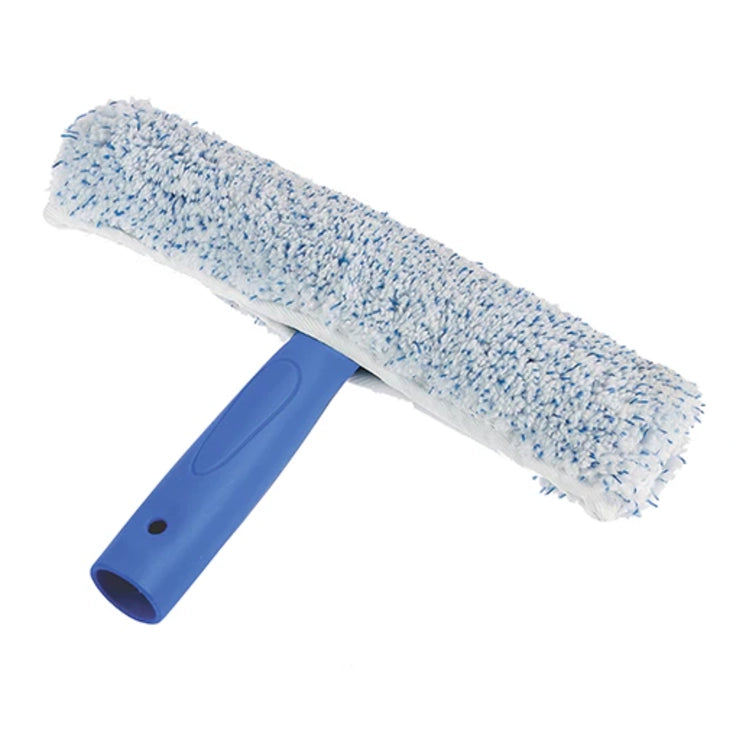 Blue and white cleaning brush with a textured blue handle on a white background