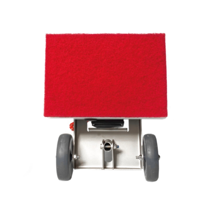 Red rectangular pad attached to a Excentr 30-20+ Floor Scrubber Polisher on a white background