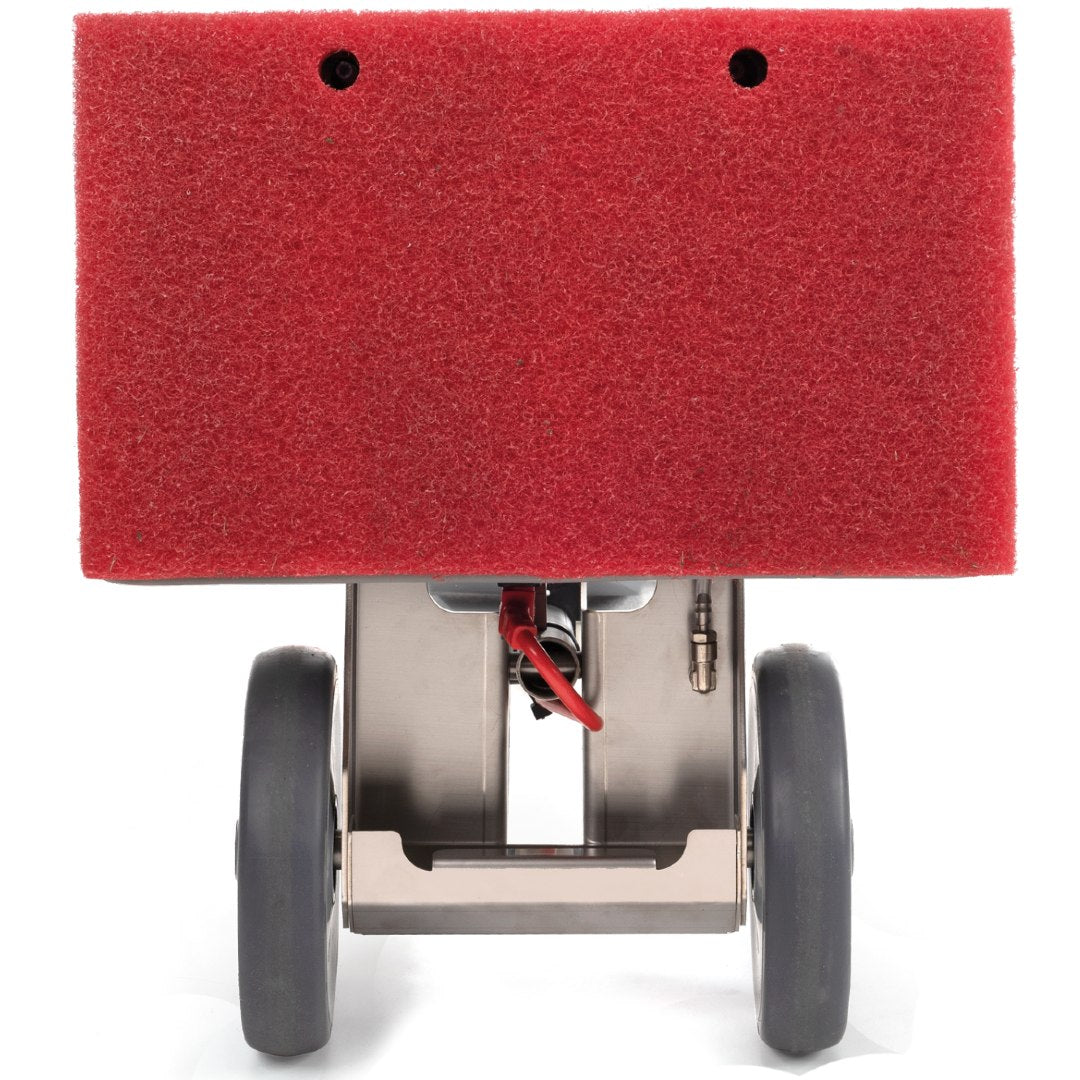 Red scrubbing pad with wheels on a white background
