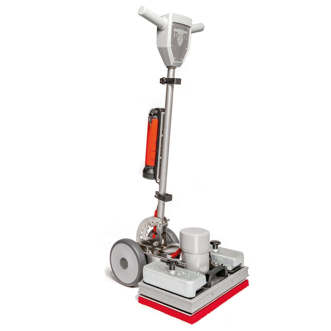Floor cleaning machine with red and gray design on a white background