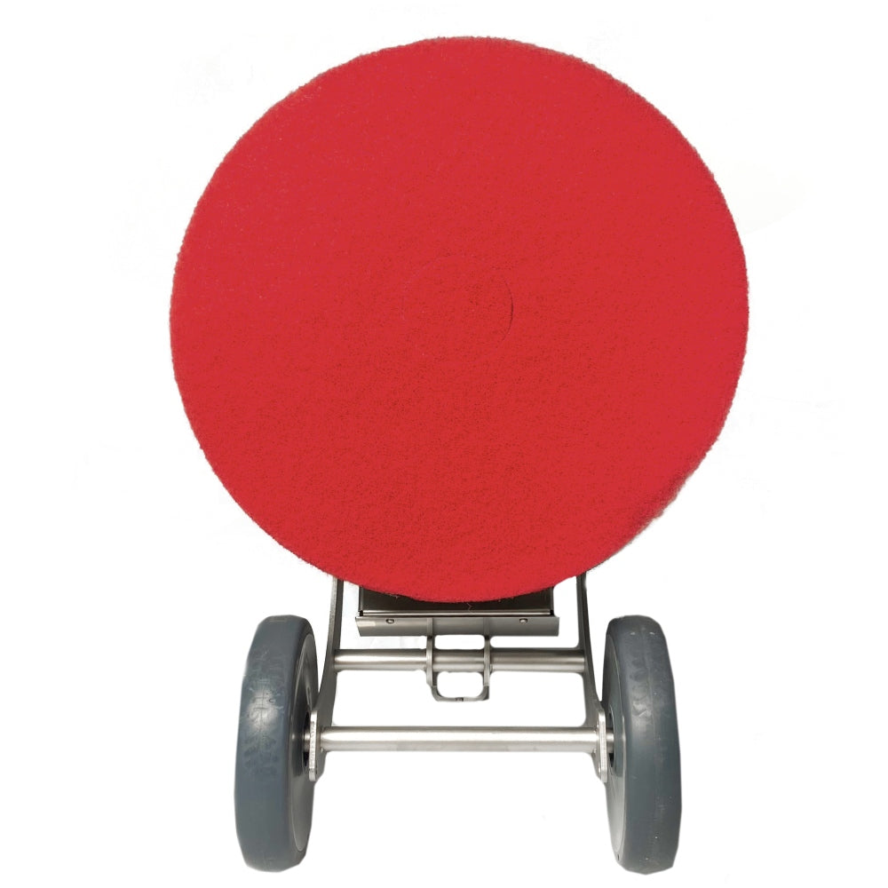 Red circular scrubbing pad on a Excentr 43 Floor Scrubber Polisher on a white background