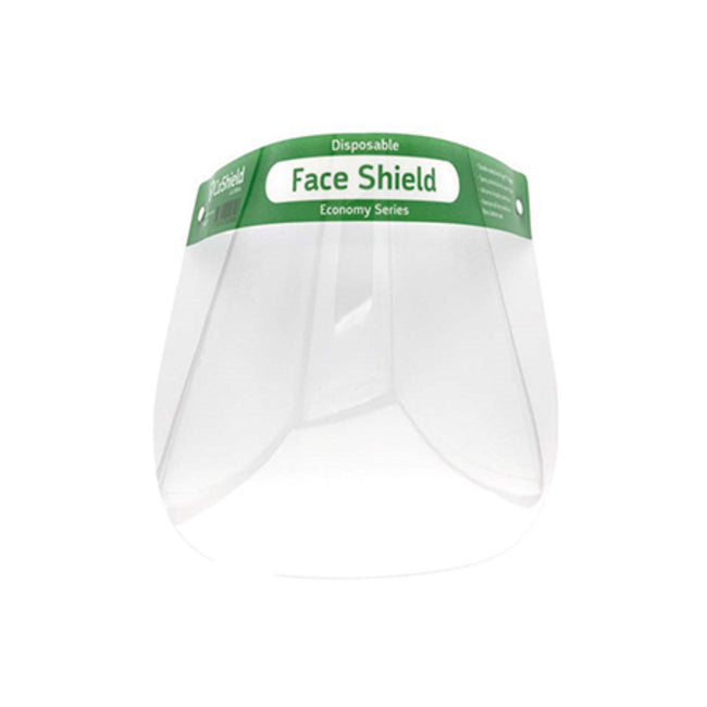 Disposable face shield with green label on a white background