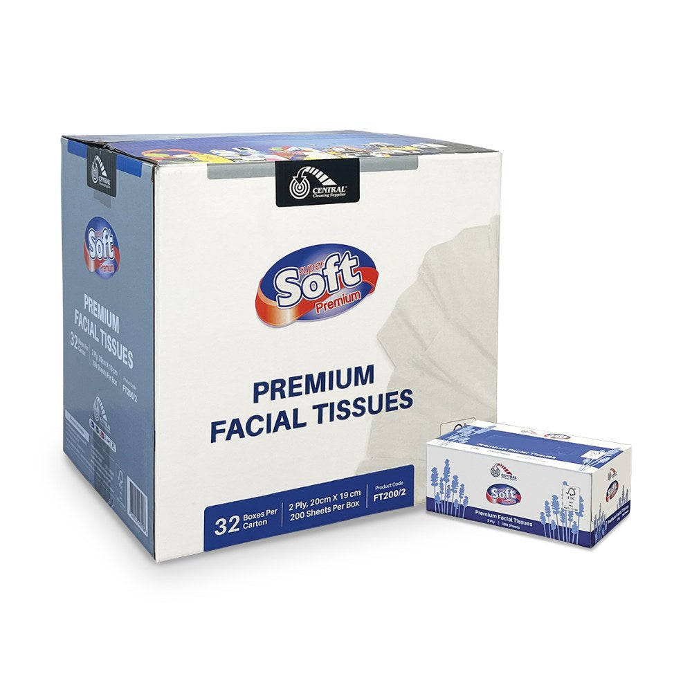 Box of Soft premium facial tissues with a smaller box in front on a white background