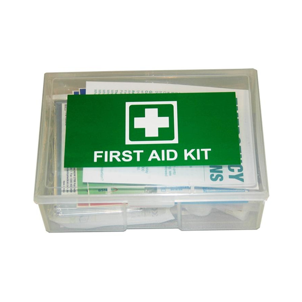 Clear plastic first aid kit with green label on a white background