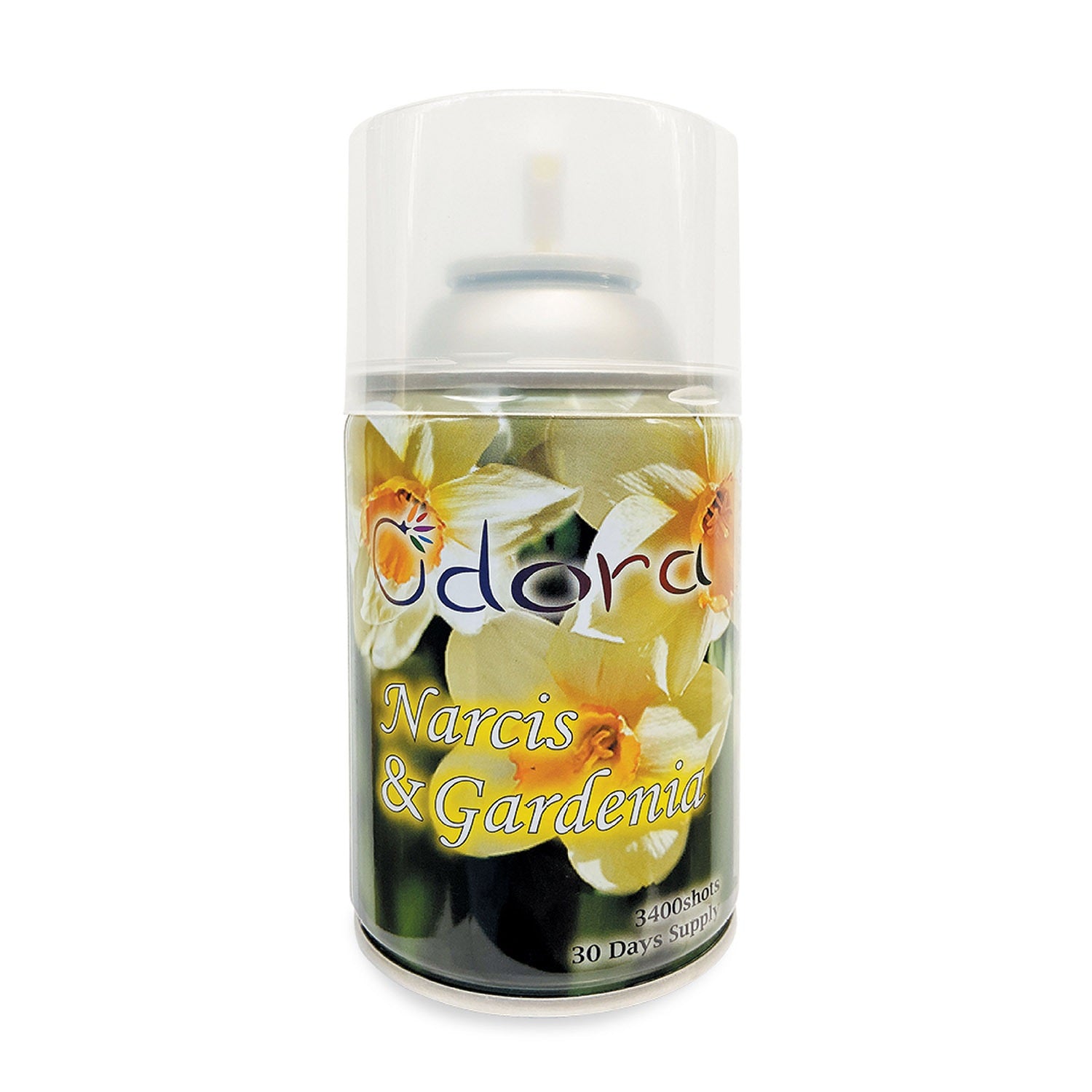 Air freshener spray with floral design and 'Odora' branding on a white background