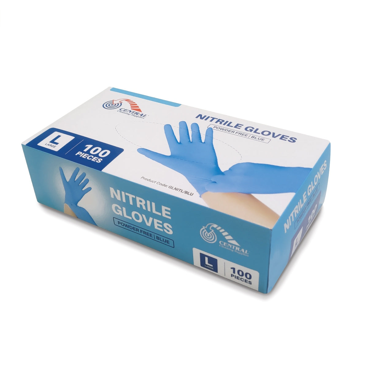 Box of Nitrile Gloves with branding on a white background