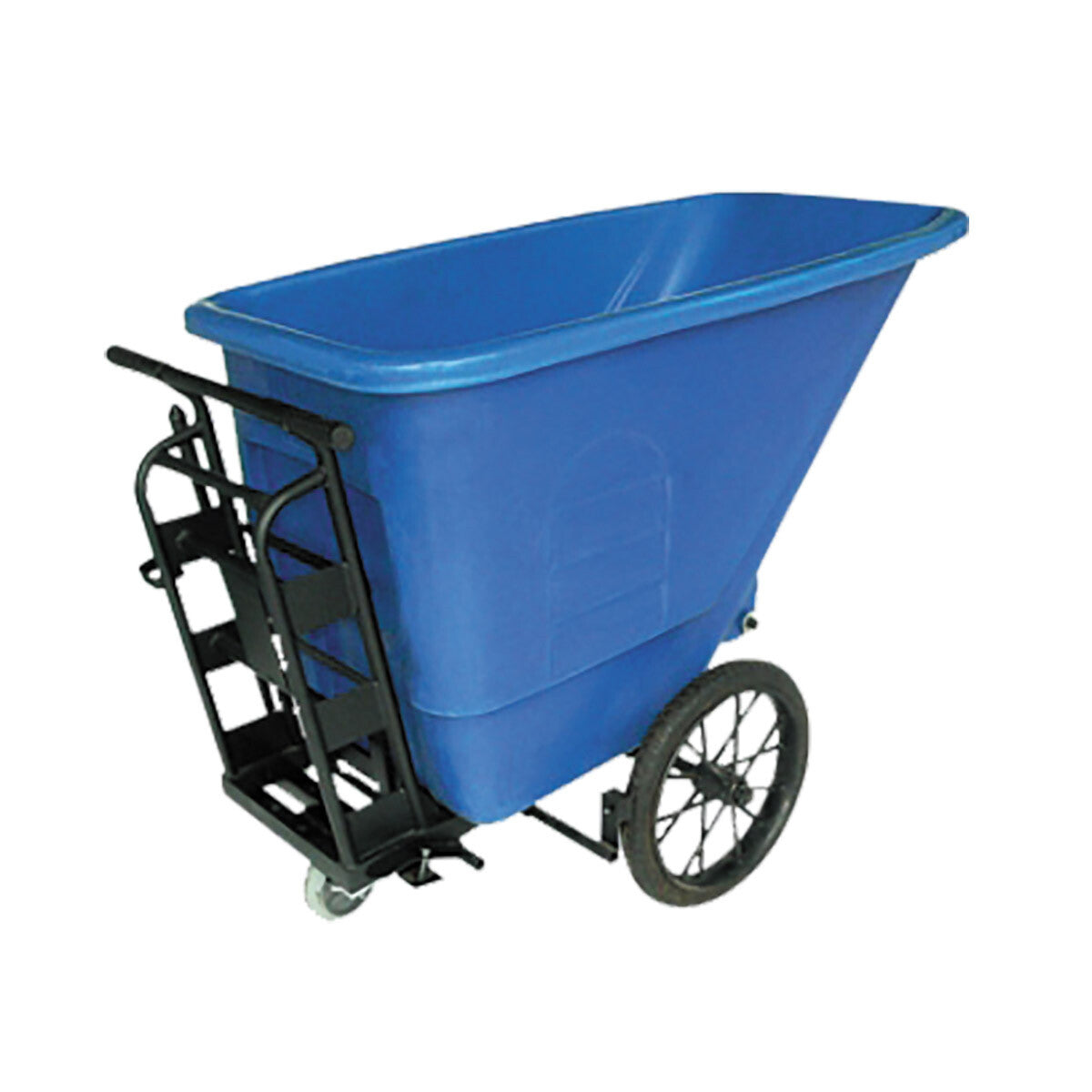 Blue Go Kart Rubbish Tilt Bin with black frame on a white background