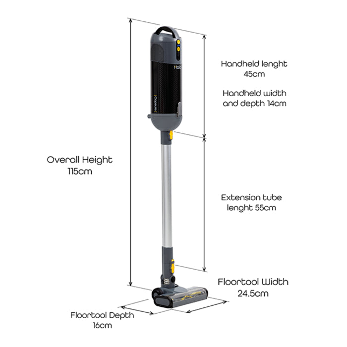 Measurement chart of a Halo Capsule Stick Vacuum Cleaner with dimensions labeled.