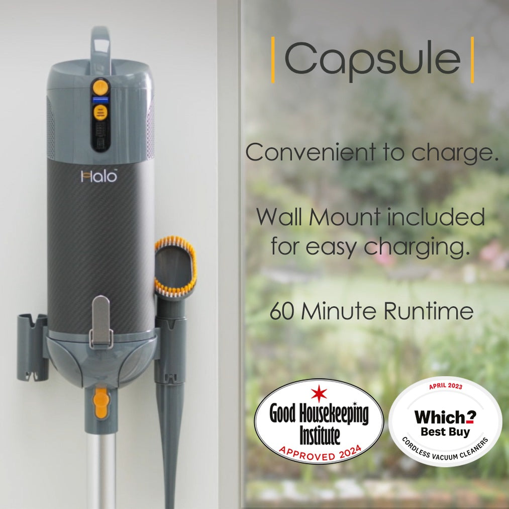 Halo Capsule vacuum cleaner with wall mount and charging features, featuring Good Housekeeping Institute and Which? Best Buy badges.