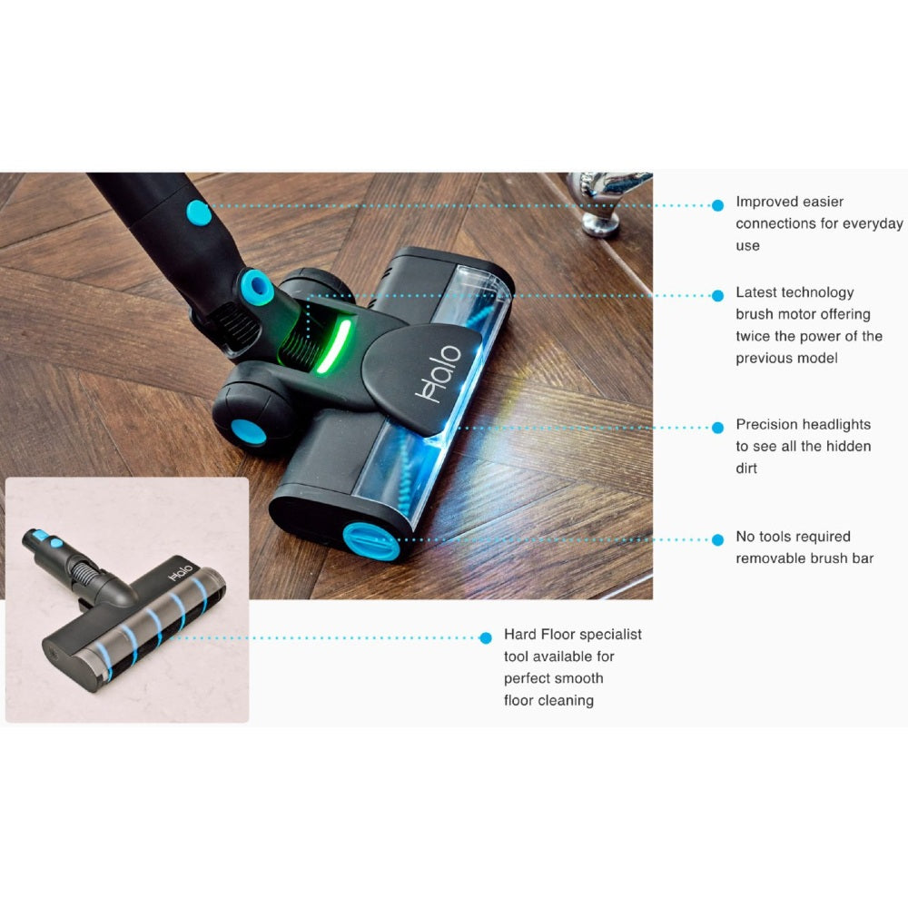 Halo Capsule X Stick Vacuum Cleaner on a wooden floor with features listed on the right.