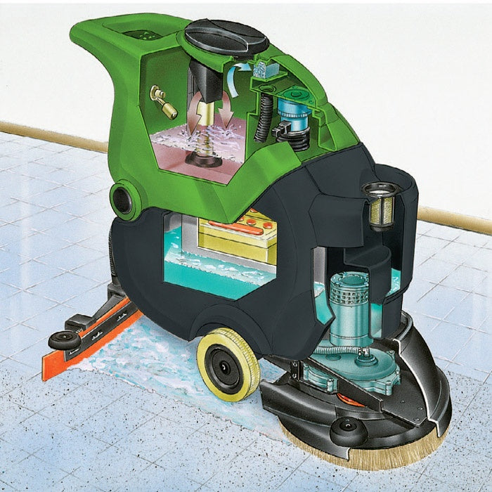 Green and black IPC CT70 ECS Auto Scrubber with a clear section showing internal components on a tiled floor.
