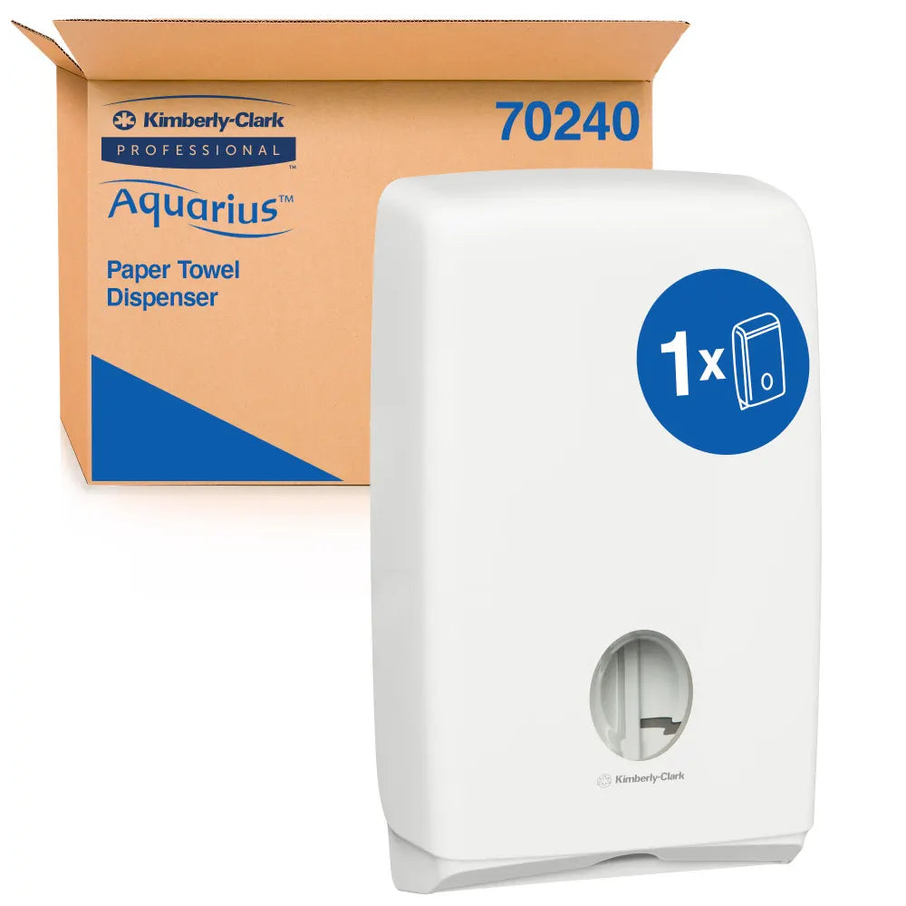 White paper towel dispenser with Aquarius branding and Kimberly-Clark packaging in the background.