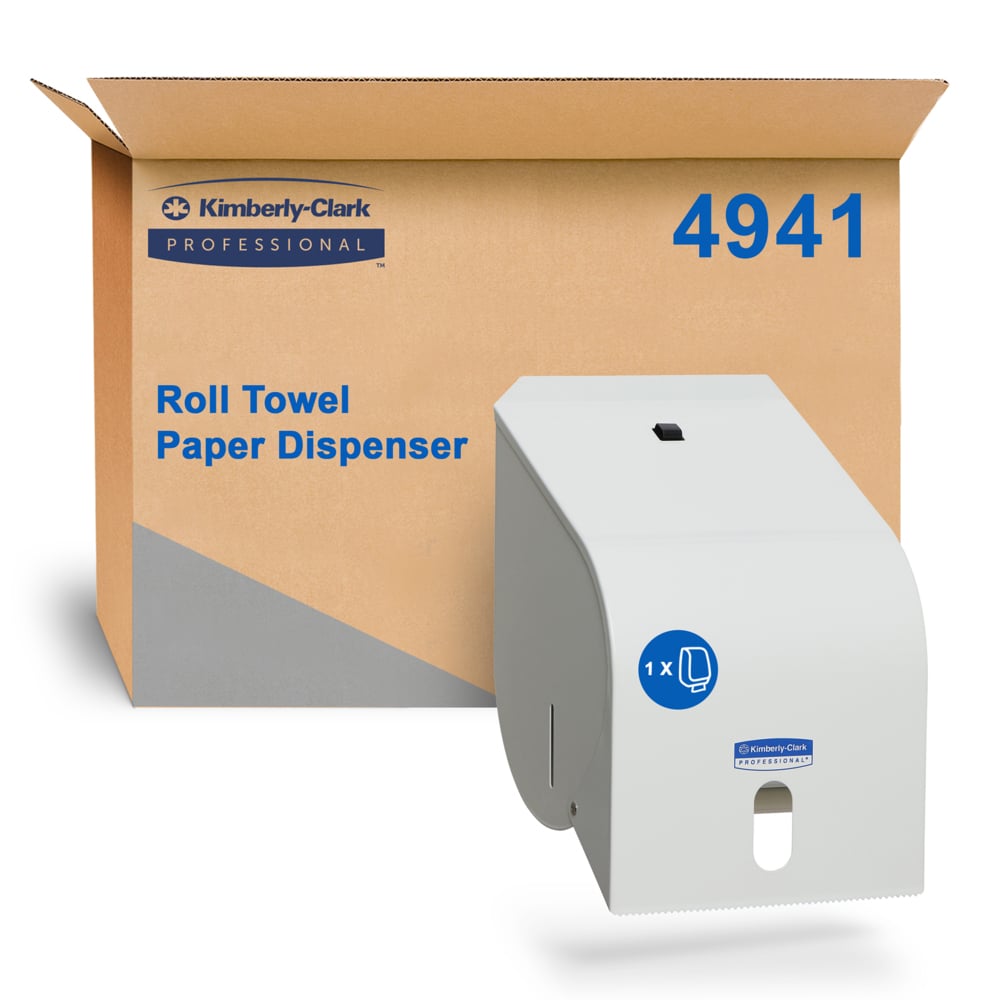 Kimberly-Clark paper towel dispenser with packaging in the background