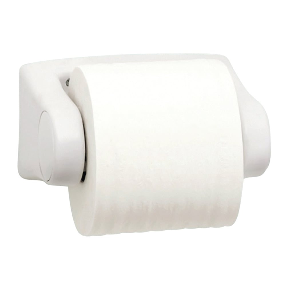 White toilet paper holder with a roll of toilet paper on a white background