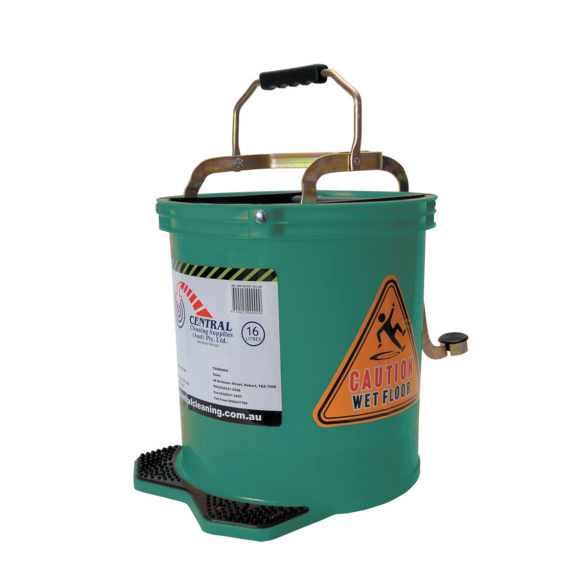 Green cleaning bucket with a caution label on a white background