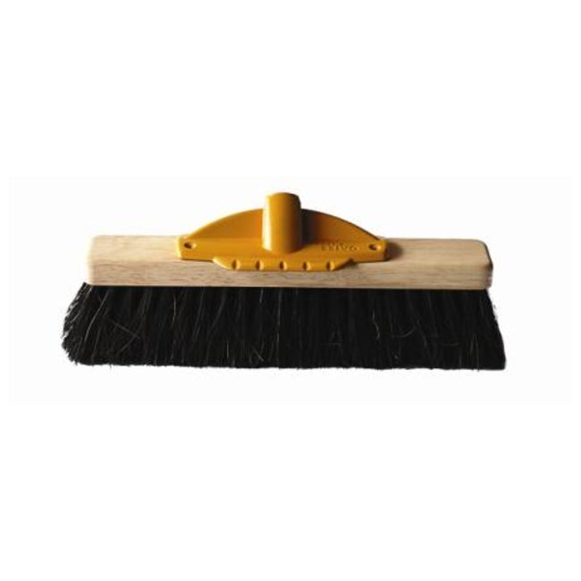 Cleaning brush with yellow handle and black bristles on a white background