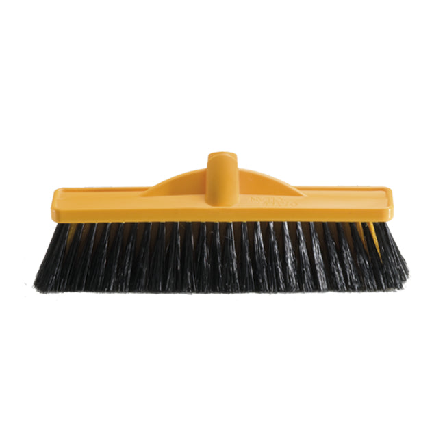 Yellow push broom with black bristles on a white background