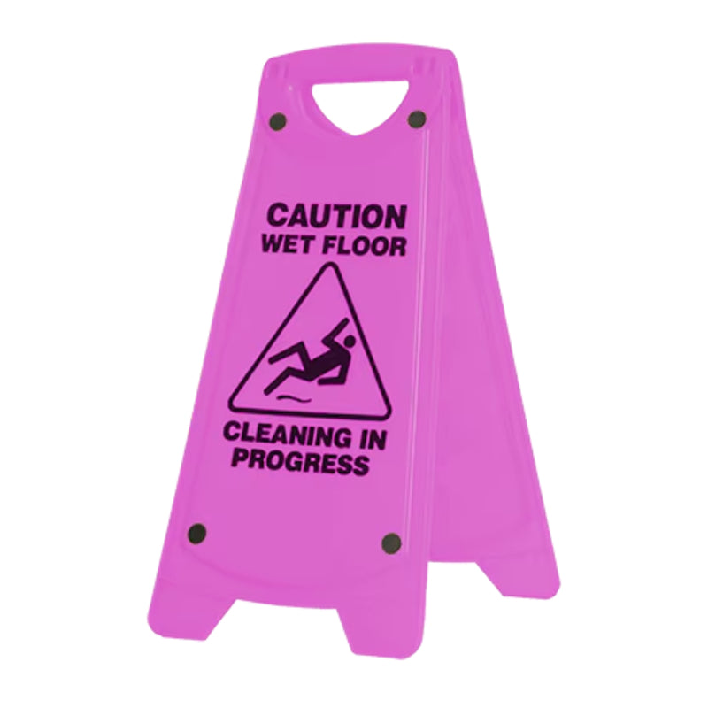 Pink wet floor sign with black text and caution symbol on a white background