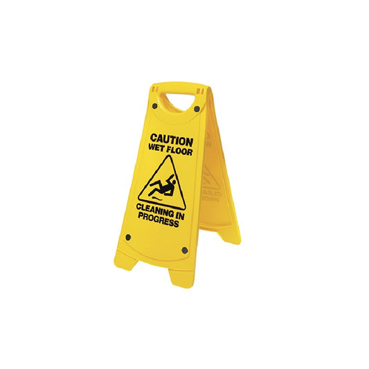 Yellow caution wet floor sign with black text on a white background