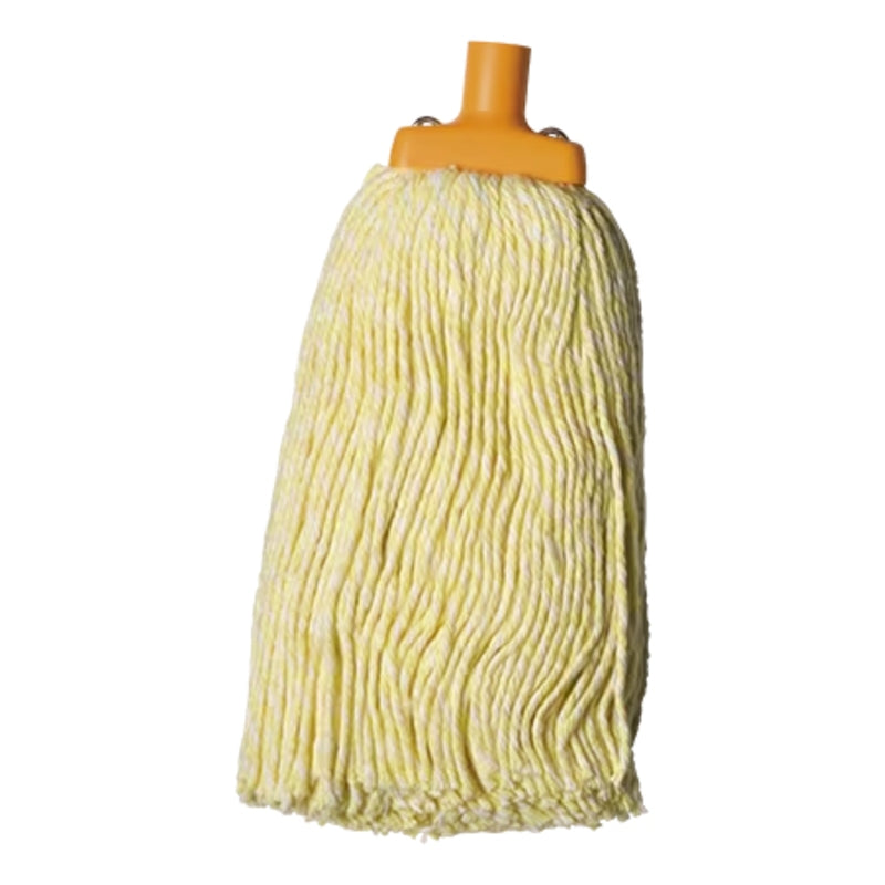 Yellow mop head with an orange handle on a white background