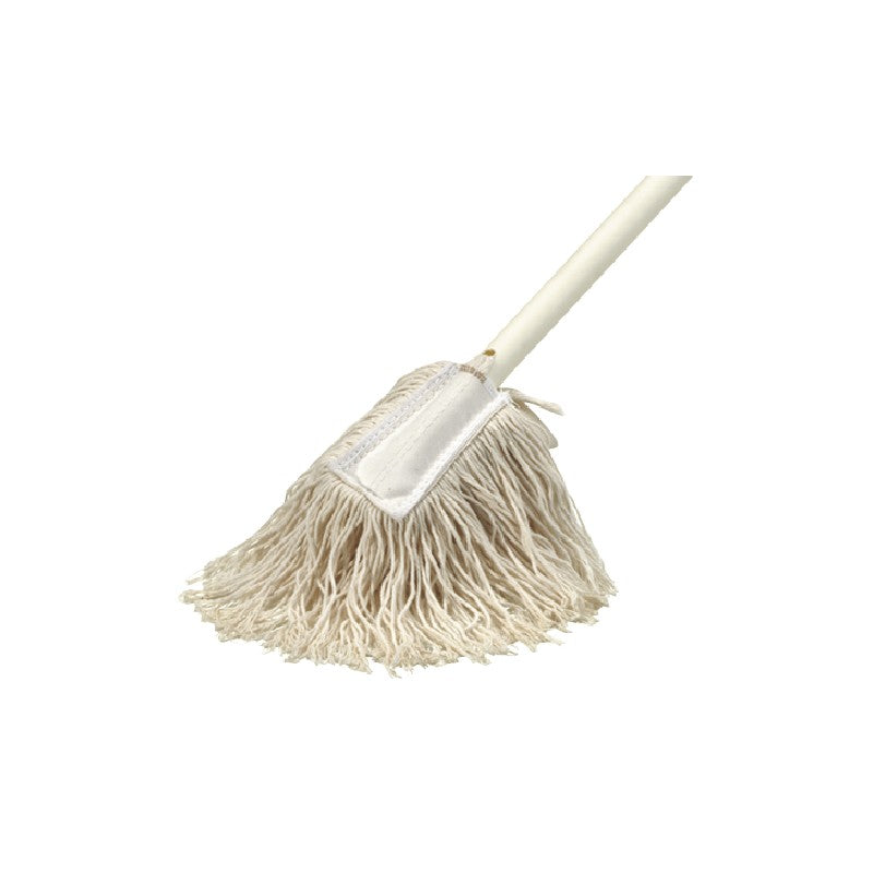White mop with a wooden handle on a white background