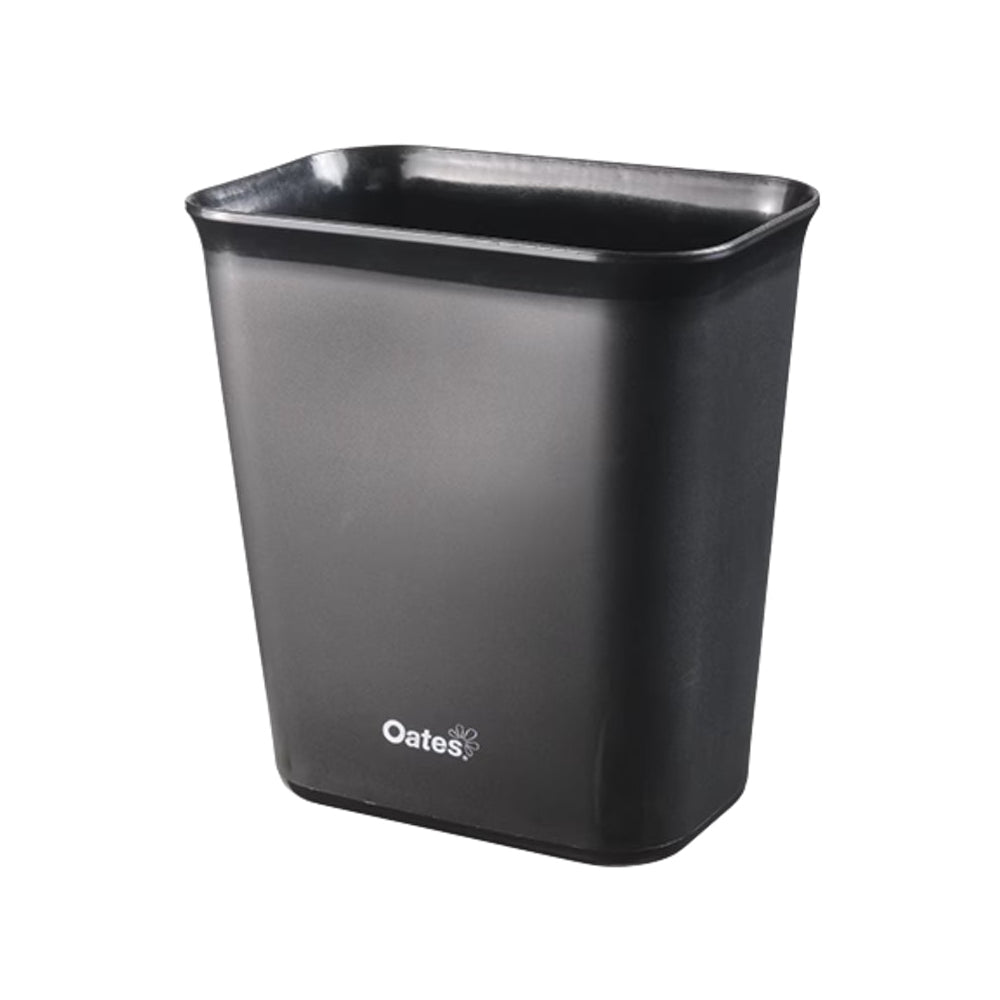 Black trash bin with 'Oates' branding on a white background