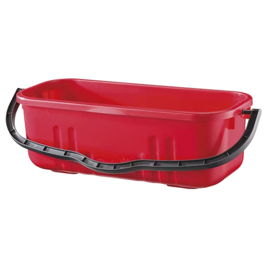 Red plastic bucket with black handles on a white background