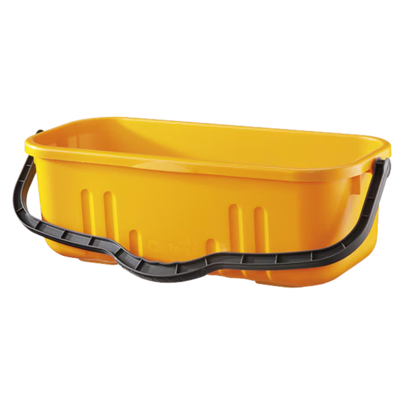Yellow plastic bucket with black handles on a white background