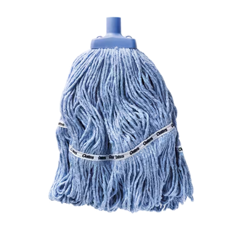 Blue mop head with a white Oates label on a white background