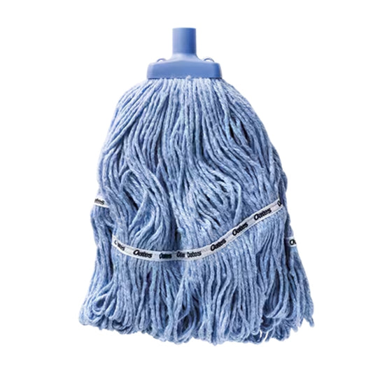 Blue mop head with a white Oates label on a white background