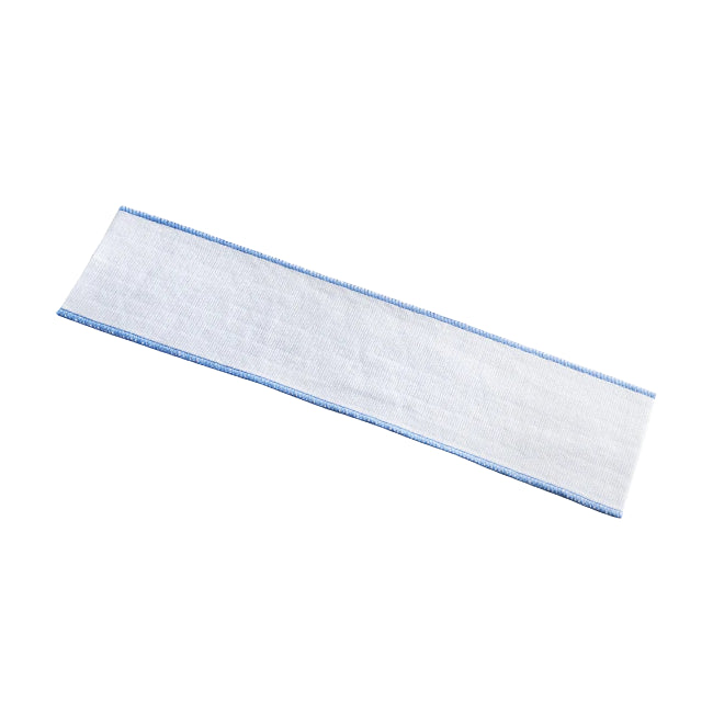 White microfiber cloth with blue edge on a white background