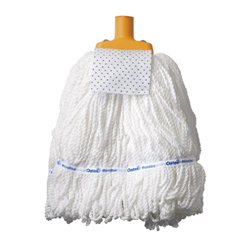 White mop head with a yellow handle on a white background
