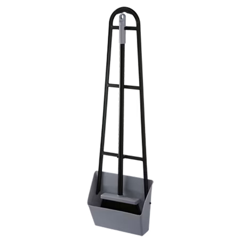 Gray dustpan with black handle on a white background