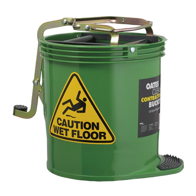 Green wringer cleaning bucket with a caution wet floor sign on a white background