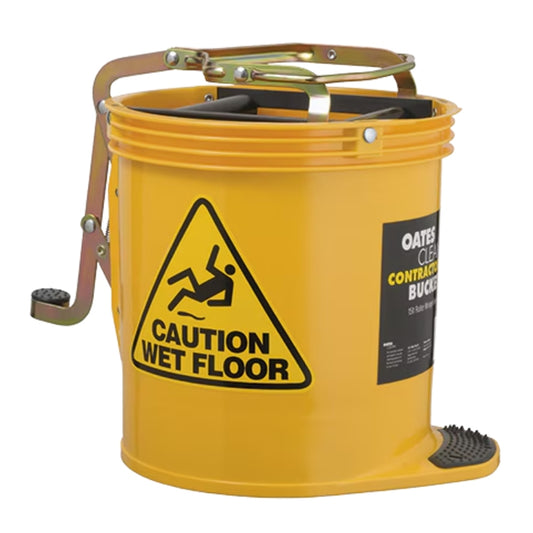 Yellow wringer cleaning bucket with a 'Caution Wet Floor' sign on a white background