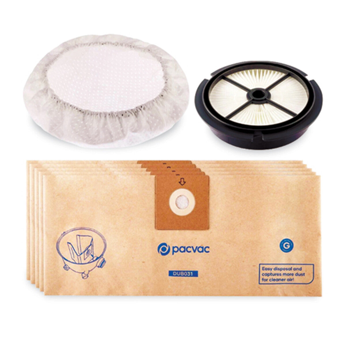 Pacvac vacuum filters and bags on a white background